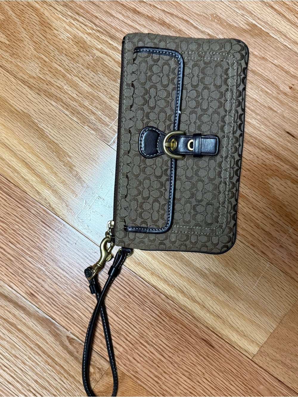 Coach Brown Signature Canvas Wristlet with Black Trim